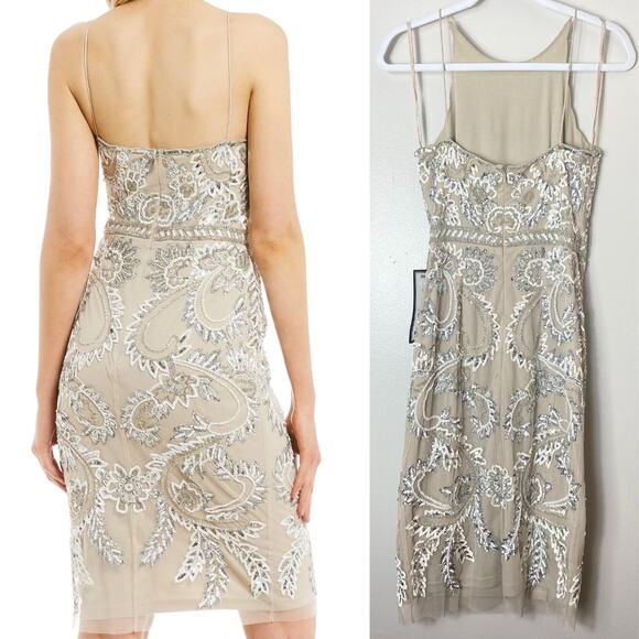 NWT ADRIANNA PAPELL DRESS 2 SEQUIN BEADED SHORT MINI COCKTAIL FLORAL BISCOTTI - Picture 3 of 16